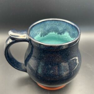 Signed pottery mug in Deep Navy with Turquoise Interior with 3d frog inside